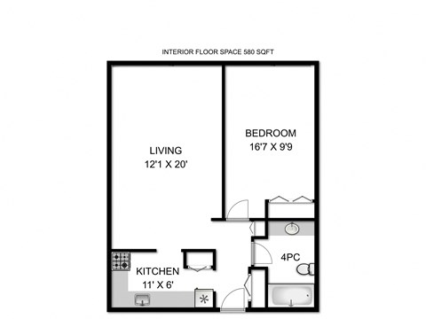 Floor plan for 1 bed, 1 bath, 580 sqft